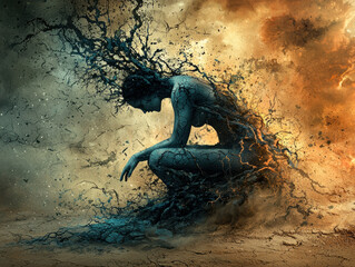 person experiencing emotional turmoil, merging with elements