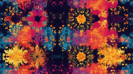 Vibrant batik multicolor pattern featuring abstract shibori designs and gold tie dye on a rich black background textile design for fashion and decor