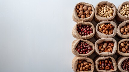 Top view of assorted nut bags isolated against a clean white background for visual appeal