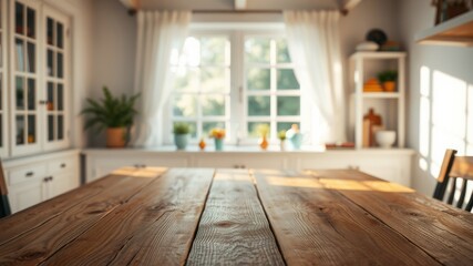 Obraz premium A Rustic Wooden Table in a Sunny Dining Room with a Blurred Background of White Cabinets, a Window, and Shelving