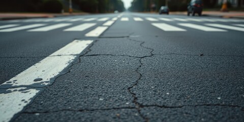 A close-up view of a cracked asphalt road with white lane markings, the surface textured and worn with age, revealing the passage of time and heavy traffic.