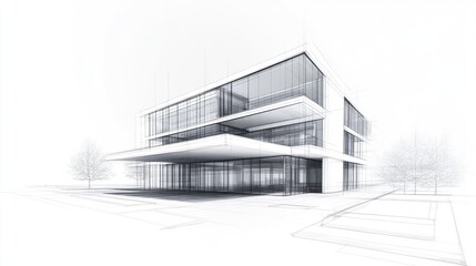 A modern architectural sketch featuring a sleek, multi-level building design in minimalist style.