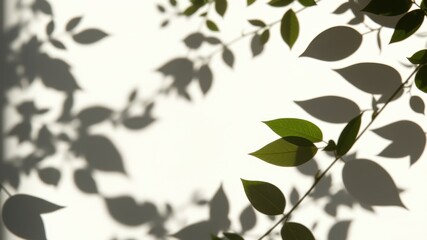 Fototapeta premium Silhouettes of leaves casting shadows on a white background, creating a delicate and ethereal pattern of light and dark