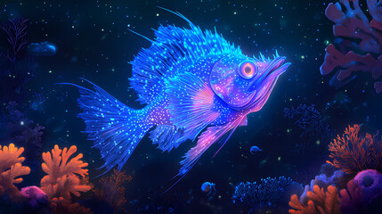 Obraz premium Glowing anglerfish in the deep ocean, highlighting bioluminescent animals in dark habitats. Abyssal. Illustration