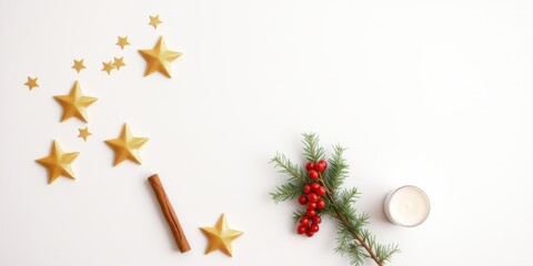 Golden stars and cinnamon stick with red berries and a white candle on a white background