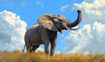 Naklejka premium An elephant with its trunk raised, eating grass in the savannah