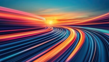 Vibrant sunset with flowing light trails on a dynamic road, symbolizing movement.