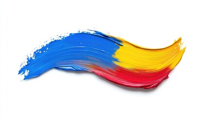 A vibrant brush stroke in blue, red, and yellow, creating a dynamic and artistic flow on a white background.