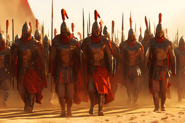 Fototapeta premium A group of armored warriors marching through a dusty landscape, showcasing strength and unity.