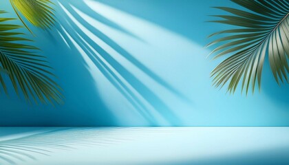Fototapeta premium blurred shadow from palm leaves on the light blue wall minimal abstract background for product presentation spring and summer