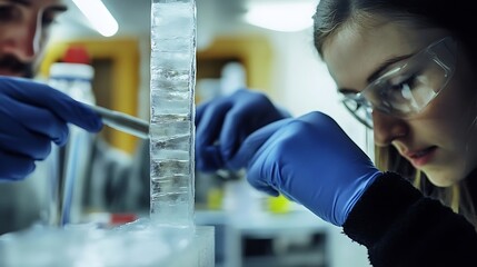 Scientists examining polar ice core sample layers in a laboratory setting for climate research