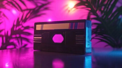 Retro cassette tape on reflective surface with neon lights and tropical leaves.