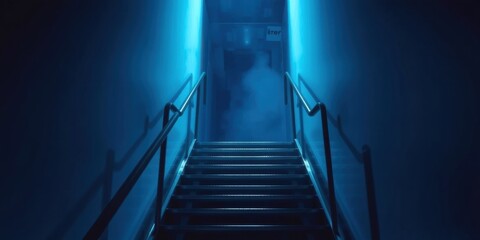 Fototapeta premium An eerie blue glow illuminates the steps of a dark stairway, casting long shadows on the walls