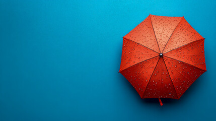 Vibrant red umbrella with rain droplets cascading over it