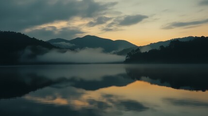 Serene sunrise over misty lake with mountain reflection.