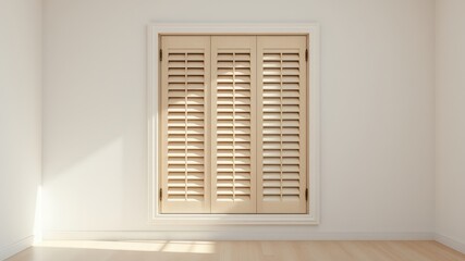 Light streams through the open louvers of a window with wooden shutters in a minimalist white room.