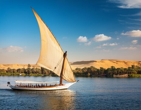 traditional egyptian sailing boat felucca on the nile river egypt