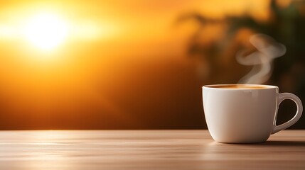 Steaming cup of coffee on a wooden table bathed in warm sunlight, capturing a serene and refreshing morning moment