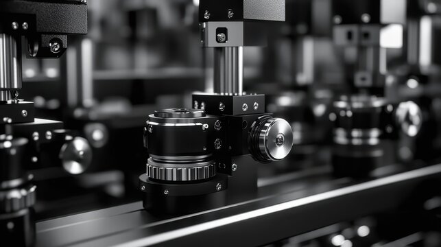 Close-up of a complex mechanical system with gears, screws, and a metal knob, likely part of a precision instrument or machine