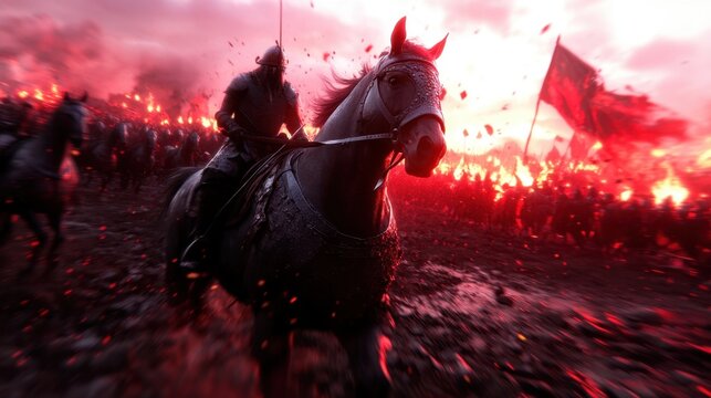 A knight on horseback charges into battle, leading a cavalry charge against a backdrop of flames and smoke