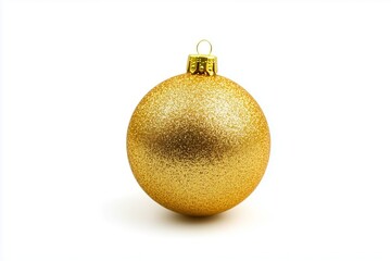 A gold glitter Christmas tree ball is isolated on a white background. Christmas decoration. New Year and Christmas holidays. Close-up