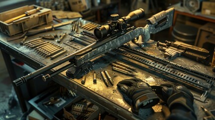 A detailed sniper rifle with a scope rests on a cluttered workbench surrounded by bullets, tools, and gloves, creating a gritty, tactical atmosphere in a workshop setting.