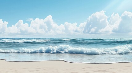 Fototapeta premium Sandy summer beach with gentle waves and an open blue sky, leaving ample copy space for text or product mockups