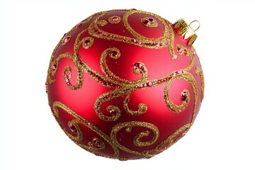 A red Christmas tree ball with a gold glitter pattern is isolated on a white background. Christmas decoration. New Year and Christmas holidays. Close-up