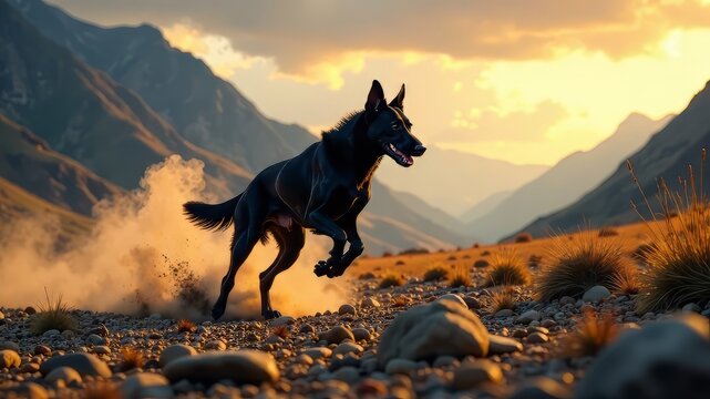 Black Windhound Running, Dramatic Landscape, AI Photo, High-Quality, Speed, Elegance, Wilderness