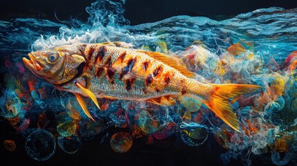 Bright orange koi fish swimming through swirling colorful water bubbles