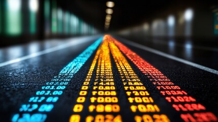A vibrant digital display of numerical data stretches into the distance, creating a dynamic pattern of colors against a dark background.