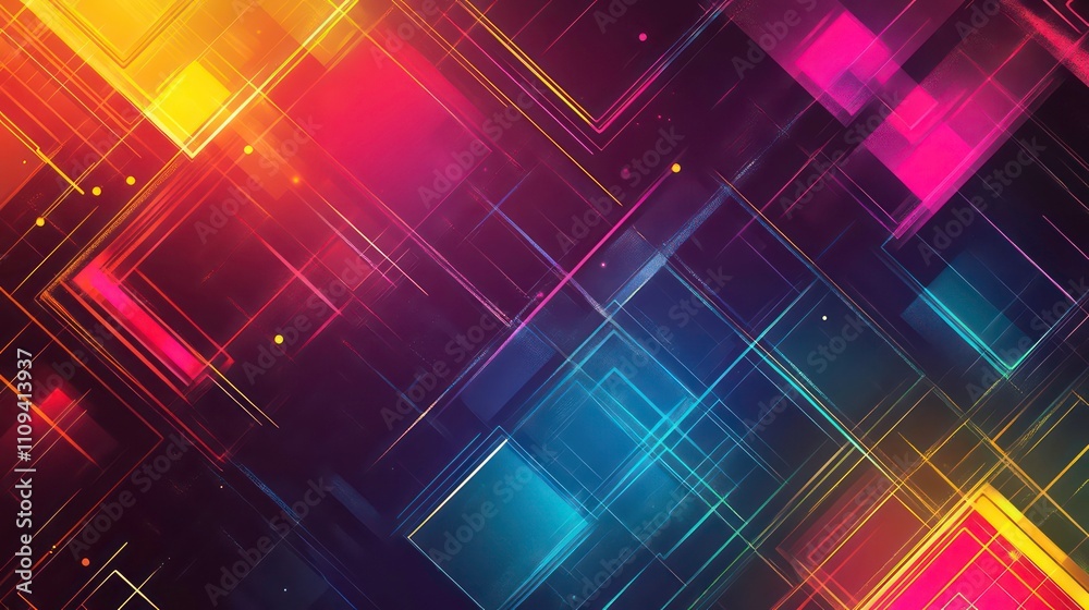 Poster abstract vibrant geometric background with glowing squares and lines.