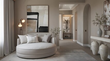 Cozy nook with a round snuggles chair, soft pillows, abstract art in home interior