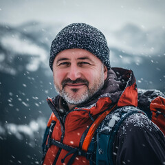 Portrait of man hiker during a snowy hike.