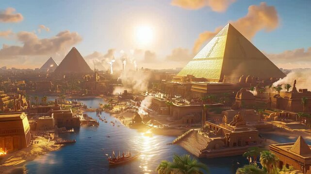 Alternative History Of Ancient Egypt City With Pyramids, River, and People