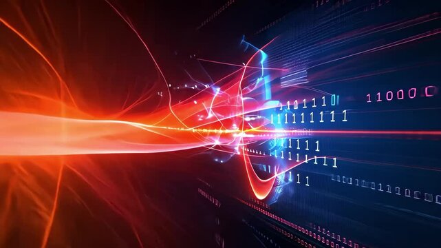 A vibrant abstract representation of data flow, featuring bright colors and binary code elements, suggesting technology and speed.