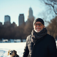 Happy Older man walking dog in a snowy city. Space for ad text