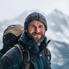 Portrait of man hiker during a snowy hike.