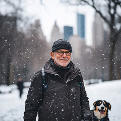 Happy Older man walking dog in a snowy city. Space for ad text
