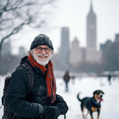 Happy Older man walking dog in a snowy city. Space for ad text
