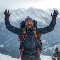 Man hiking in the snow at the mountain peak, happy and excited. 