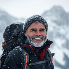 Portrait of man hiker during a snowy hike.