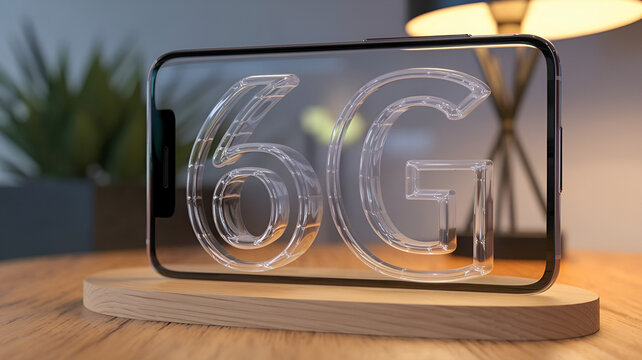 3D 6G symbol appearing above a smartphone. - Powered by Adobe