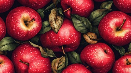 Hand drawn seamless pattern featuring vibrant red apples with colored pencil texture and a central logotype perfect for product branding and packaging design