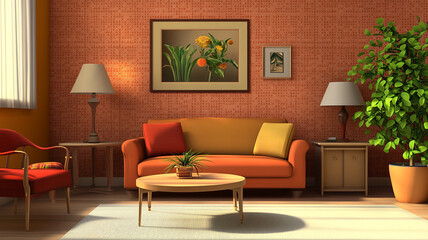A digital art image of a futuristic room interior design,  Interior design of modern living room interior 3d design with chair and sofa, colorful 3d design of architectural style home accessories.