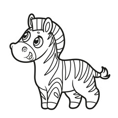 Cute cartoon little zebra outlined on a white background  for coloring page
