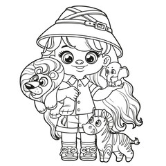 Cute cartoon girl in a pith helmet and with toys of African animals, an elephant, zebra and lion outlined for coloring page