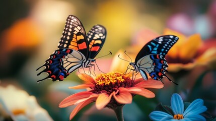 Fototapeta premium Colorful Butterflies Feeding on Vibrant Flower Blossoms in Garden