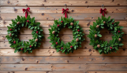 Festive wreaths adorn a rustic wooden wall in a charming holiday display filled with cheer and warmth