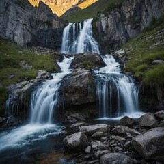 Fototapeta premium A waterfall cascading down a rocky mountain with a clear backdrop of distant peaks.